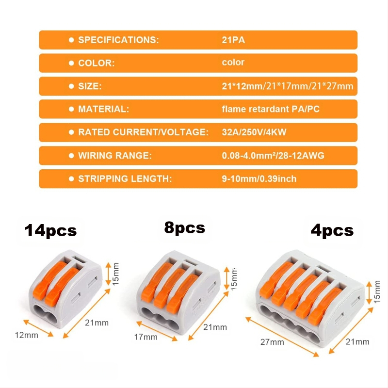 34 броя кабелни конектори за бързо свързване, мини кутия с 1 вход и изход