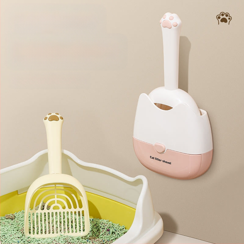Lopată pentru așternut pentru pisici, montată pe perete, cu două culori, cu specificații duble, design două în unu, montat pe perete, pentru o depozitare mai convenabilă și un design de dezodorizare mai eficient.