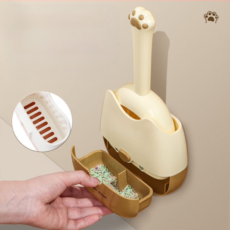 Lopată pentru așternut pentru pisici, montată pe perete, cu două culori, cu specificații duble, design două în unu, montat pe perete, pentru o depozitare mai convenabilă și un design de dezodorizare mai eficient.
