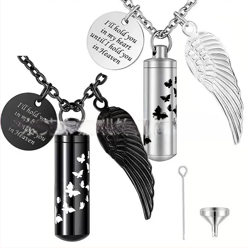 Hengeres parfümös üveg urna medál kisállat hamvak emlék nyaklánc angyalszárnyak medál