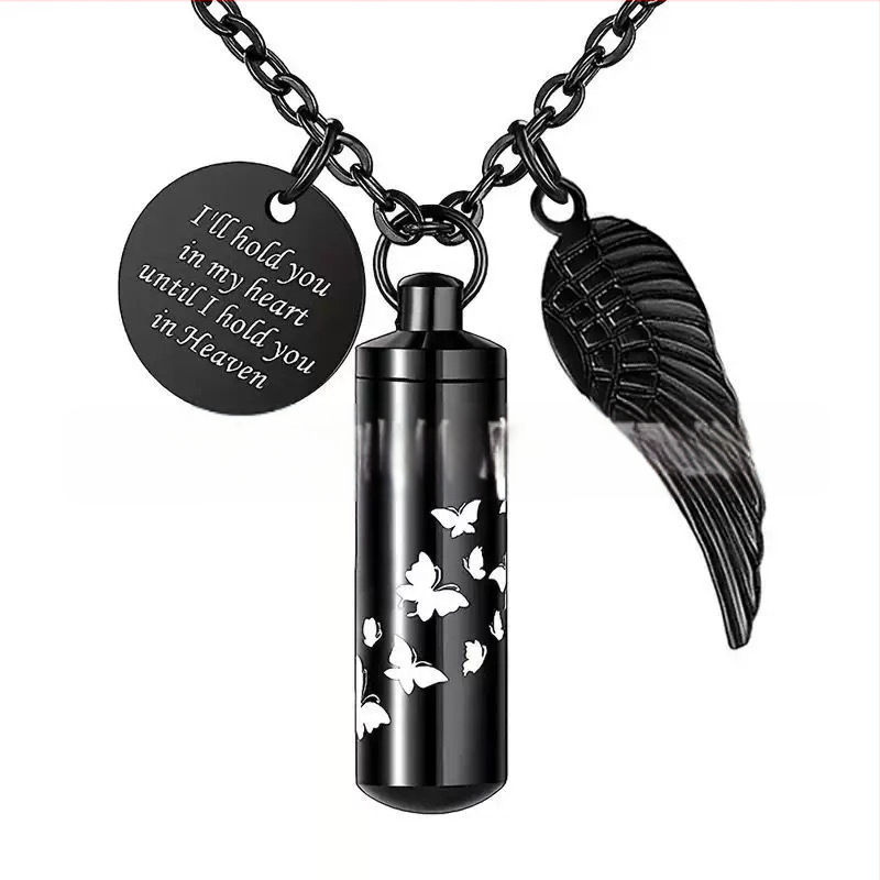 Hengeres parfümös üveg urna medál kisállat hamvak emlék nyaklánc angyalszárnyak medál