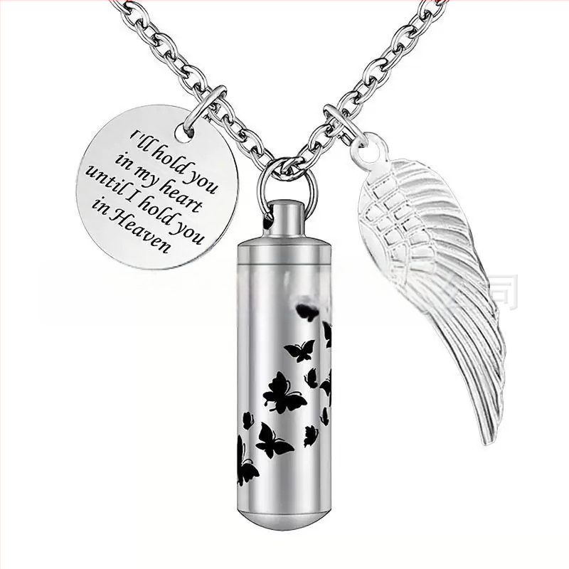 Hengeres parfümös üveg urna medál kisállat hamvak emlék nyaklánc angyalszárnyak medál