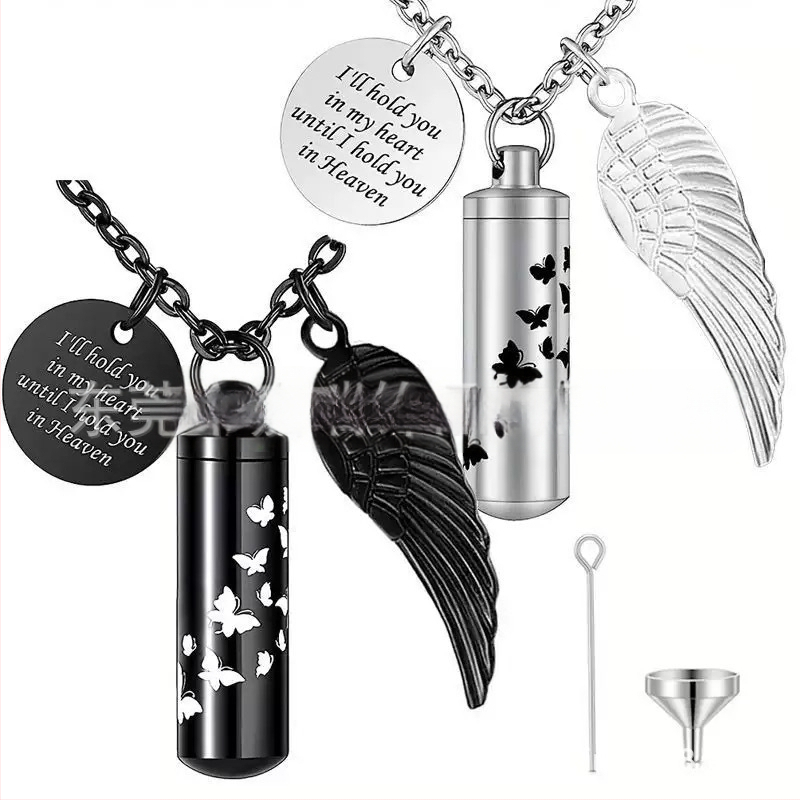 Hengeres parfümös üveg urna medál kisállat hamvak emlék nyaklánc angyalszárnyak medál