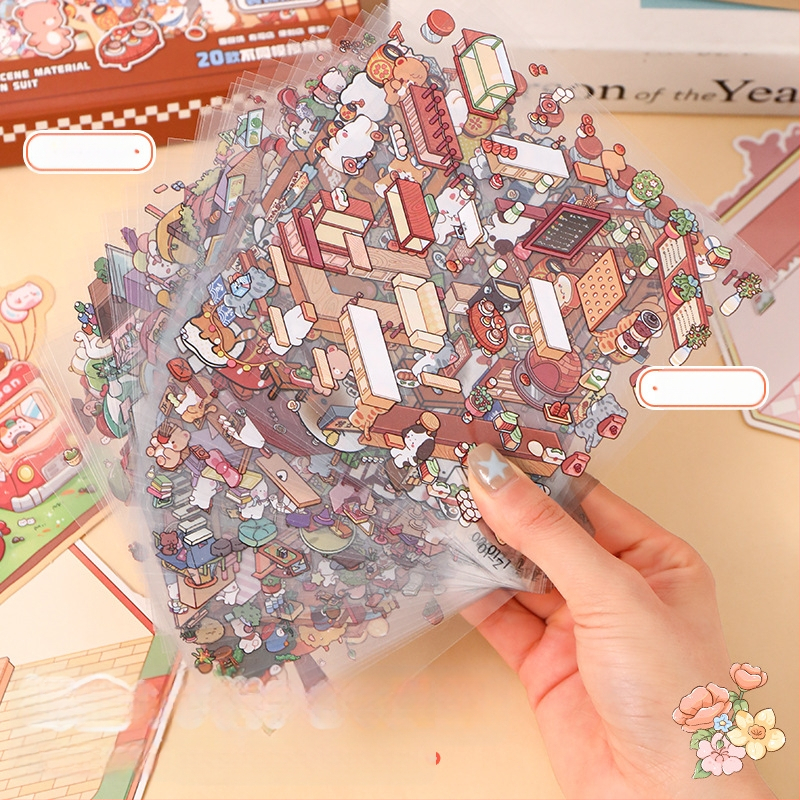 Mielas kraštovaizdžio lipdukų rinkinys, miniatiūrinių scenų kolekcija, animacinių filmukų vadovų lipdukai, vaikų edukacinių žaislų lipdukai, lipdukai