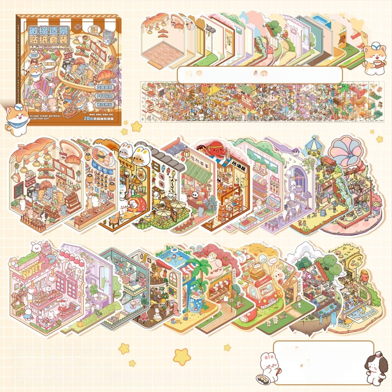 Mielas kraštovaizdžio lipdukų rinkinys, miniatiūrinių scenų kolekcija, animacinių filmukų vadovų lipdukai, vaikų edukacinių žaislų lipdukai, lipdukai