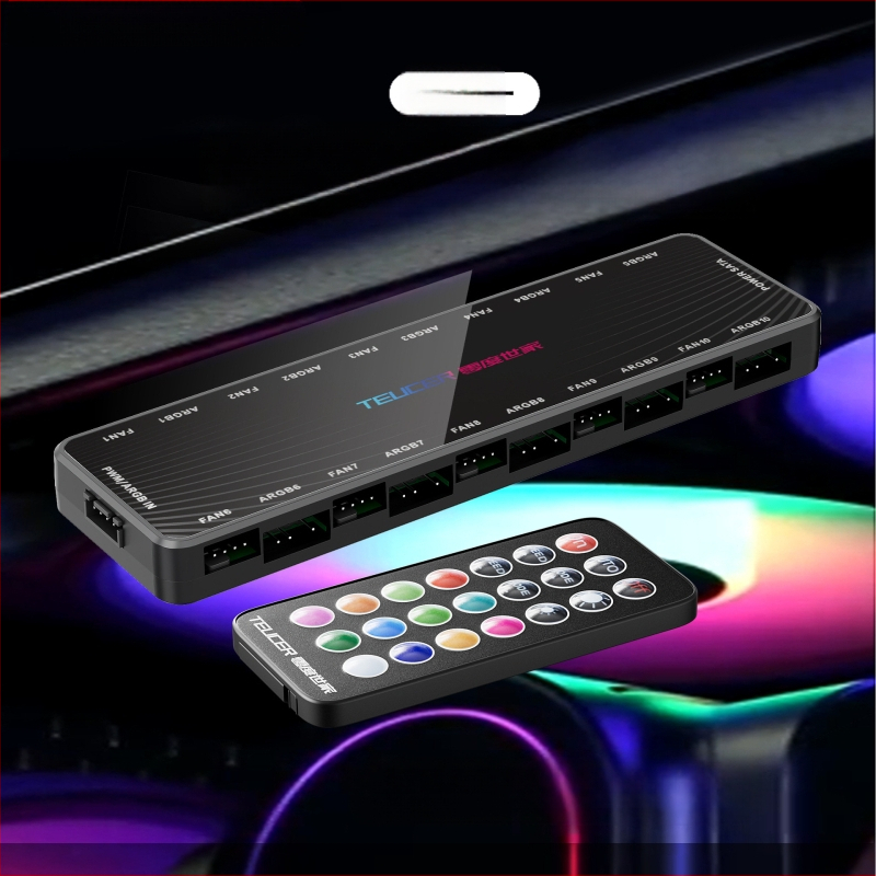 Šassiiventilaatori ühe punkti kümne kogumisliini kontroller 5V3-pin ARGB shuang sünkroonne PWM temperatuuri juhtimiskeskus kaugjuhtimispuldiga