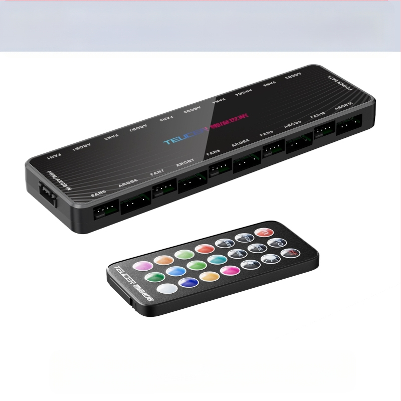 Šassiiventilaatori ühe punkti kümne kogumisliini kontroller 5V3-pin ARGB shuang sünkroonne PWM temperatuuri juhtimiskeskus kaugjuhtimispuldiga