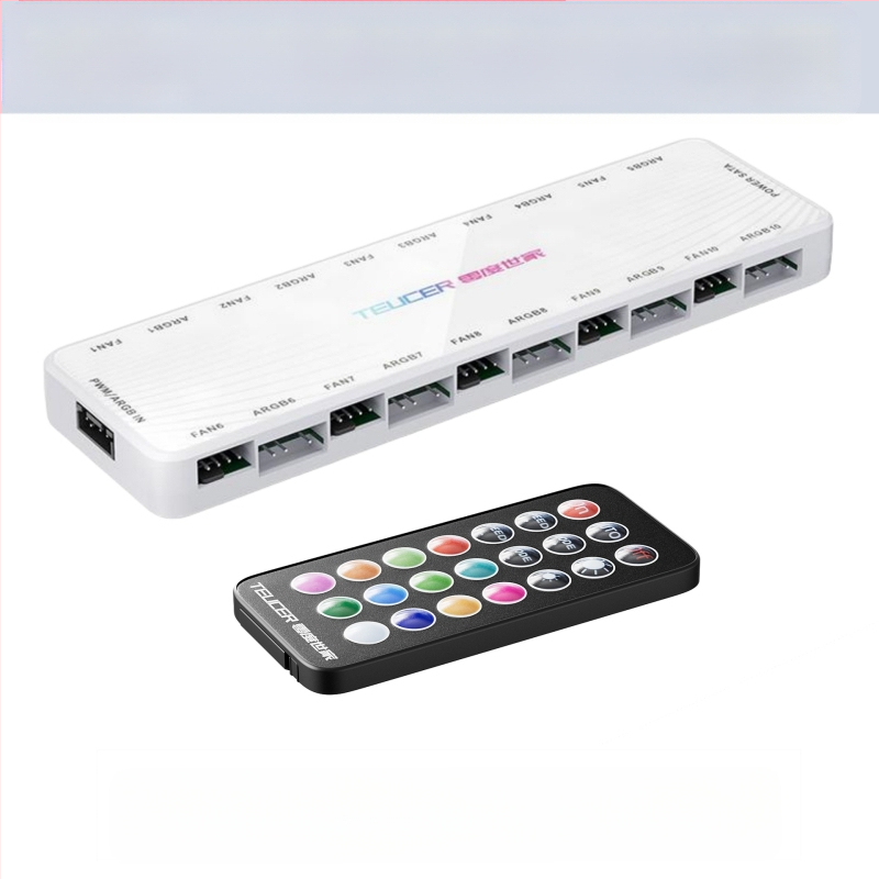 Šassiiventilaatori ühe punkti kümne kogumisliini kontroller 5V3-pin ARGB shuang sünkroonne PWM temperatuuri juhtimiskeskus kaugjuhtimispuldiga