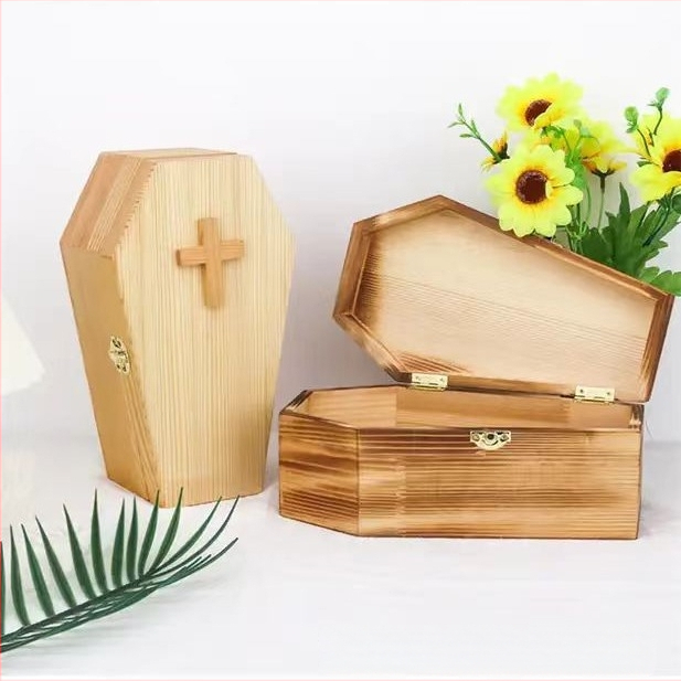 Naminių gyvūnėlių urnos Helovino karsto dovanų dėžutė iš pušies, vaikų papuošalų žaislų dėžutė, medinė papuošalų laikymo dėžutė