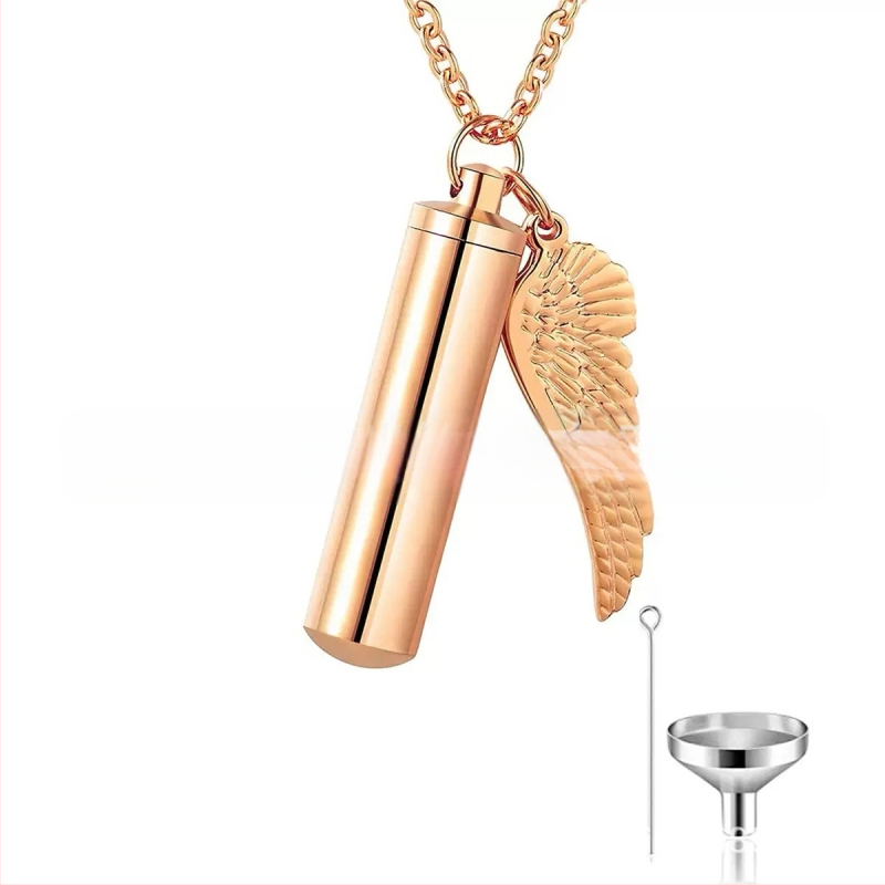 Silindriline ripats väikeste tiibadega meestele ja naistele, parfüümipudel lähedaste ja lemmikloomade mälestamiseks, kaelakee