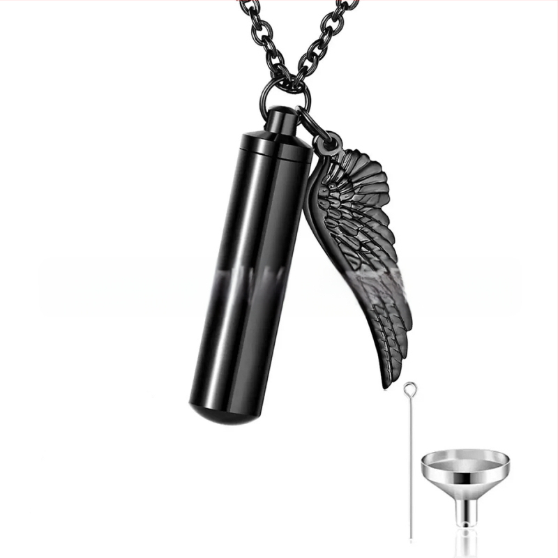 Silindriline ripats väikeste tiibadega meestele ja naistele, parfüümipudel lähedaste ja lemmikloomade mälestamiseks, kaelakee