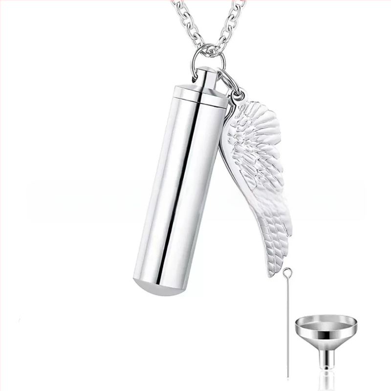 Silindriline ripats väikeste tiibadega meestele ja naistele, parfüümipudel lähedaste ja lemmikloomade mälestamiseks, kaelakee