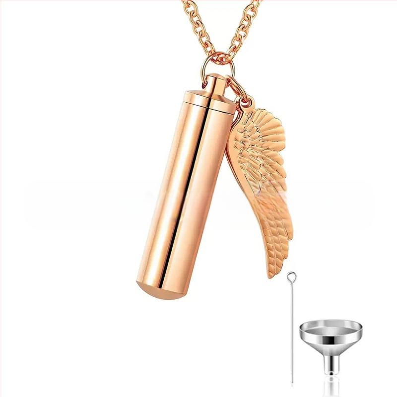 Silindriline ripats väikeste tiibadega meestele ja naistele, parfüümipudel lähedaste ja lemmikloomade mälestamiseks, kaelakee