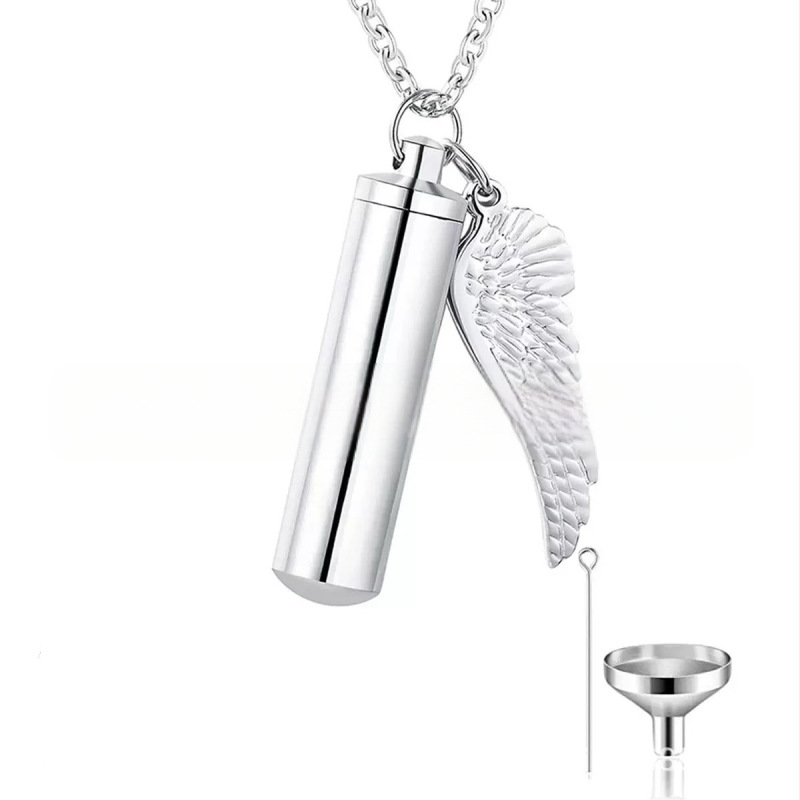 Silindriline ripats väikeste tiibadega meestele ja naistele, parfüümipudel lähedaste ja lemmikloomade mälestamiseks, kaelakee