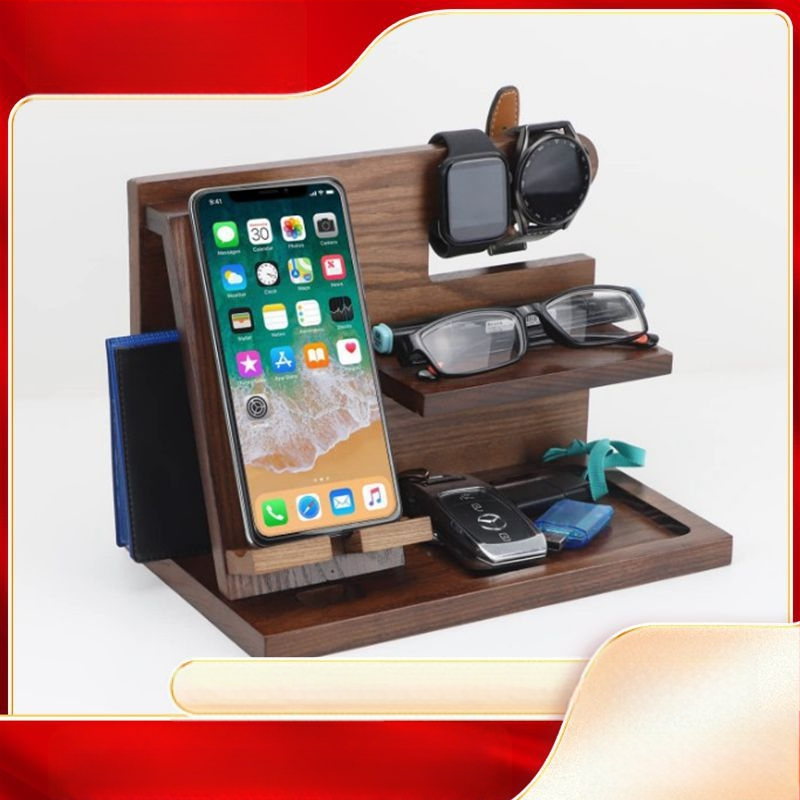 Loominguline täispuidust multifunktsionaalne mobiiltelefoni hoidik laetav kontorilaua männipuidust kõrvaklappide hoiuriiul laos