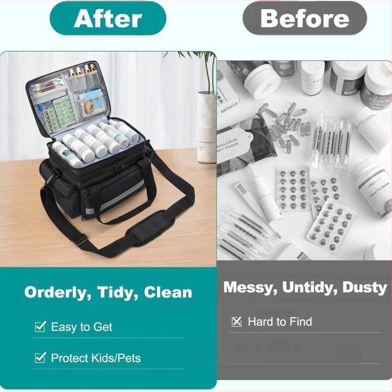 Erakorralise meditsiini hoiukarp, reguleeritav vahesein, kahekihiline ravimipudelite hoiustamine, kaasaskantav kodune esmaabikomplekt