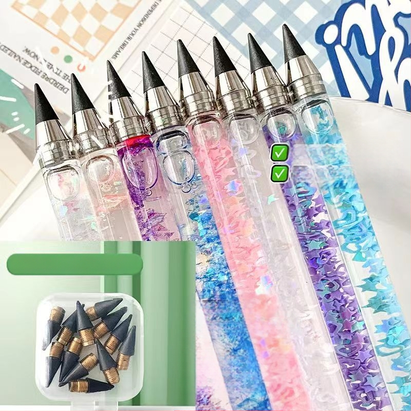 Spalvotas švino rašiklis pradinių klasių mokiniams, pieštukas be galandimo mergaitėms su rašikliu, kanceliarinių prekių dovanų maišelis, amžinas pieštukas