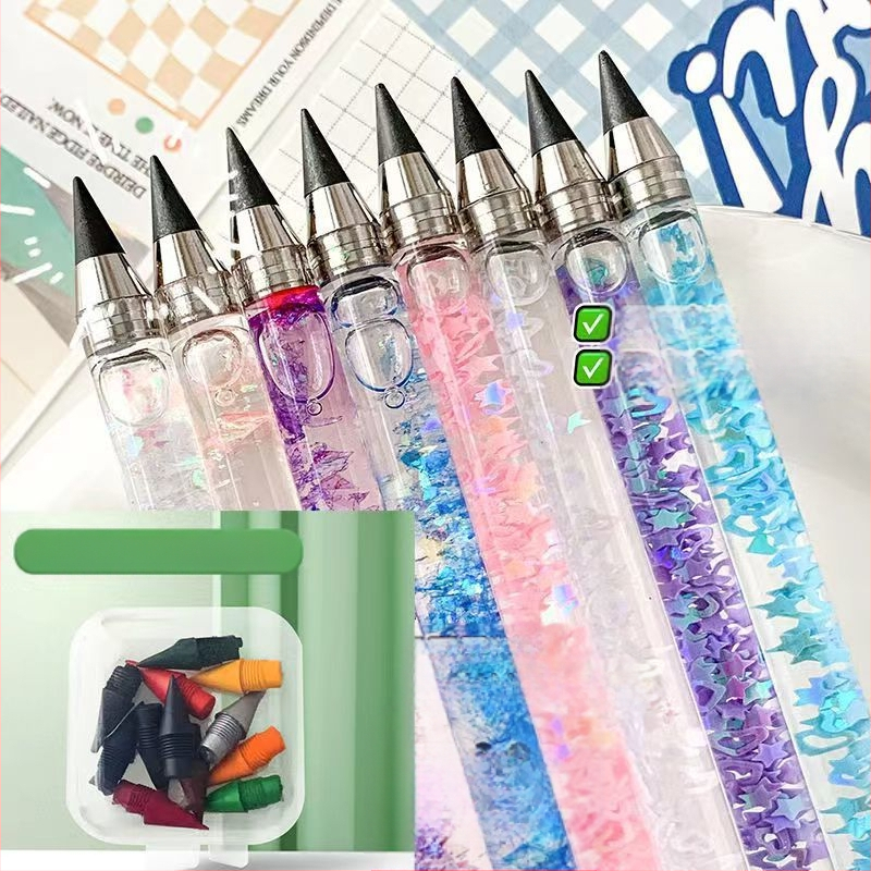 Spalvotas švino rašiklis pradinių klasių mokiniams, pieštukas be galandimo mergaitėms su rašikliu, kanceliarinių prekių dovanų maišelis, amžinas pieštukas