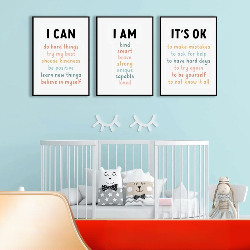 Amazoni koomiksifraasid lasteaia rippuv maalimine lõuendile raamita maal kolmekordne inspireeriv tsitaat laste magamistoa dekoratiivmaaling