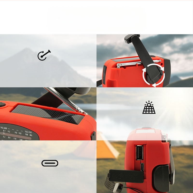 Kaasaskantav päikeseenergial töötav hädaabiraadio, välistingimustes kasutatav käsitsi väntatav multifunktsionaalne SOS-alarm