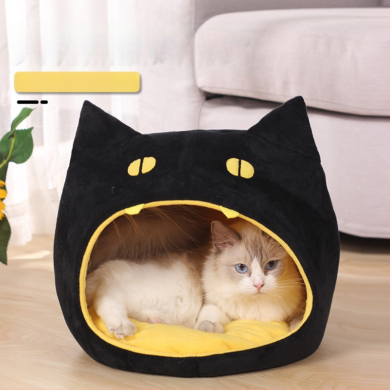 Új, négy évszakos univerzális, rajzfilm stílusú macskafészek, félig zárt, kistestű kutyáknak való macskaház, kristálybársonyból készült kisállat-kellékek