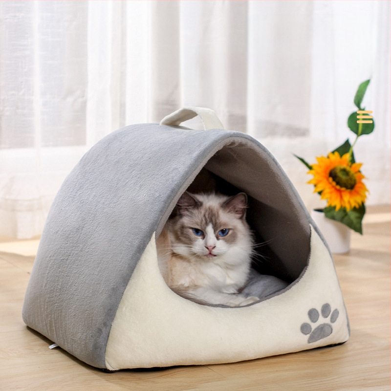 Új, négy évszakos univerzális, rajzfilm stílusú macskafészek, félig zárt, kistestű kutyáknak való macskaház, kristálybársonyból készült kisállat-kellékek