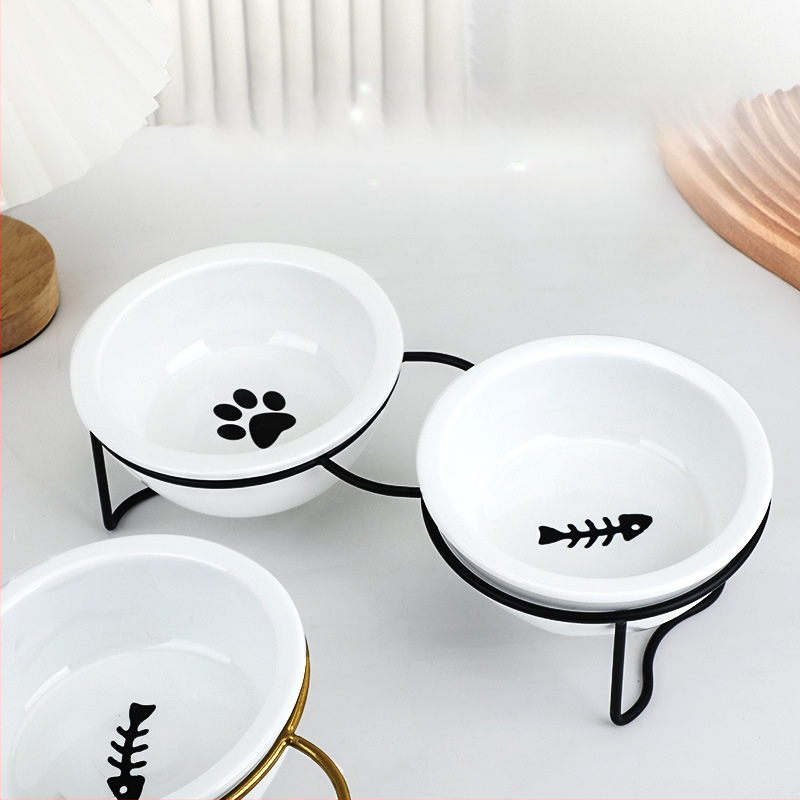 Keraamiline kassikauss, kõrge jala kaelakaitse, topeltkausi kinnitusraam, ümberminekuvastane, lemmikloomade kasside ja koerte toidukauss, kallutatav veekauss, lemmikloomatarbed