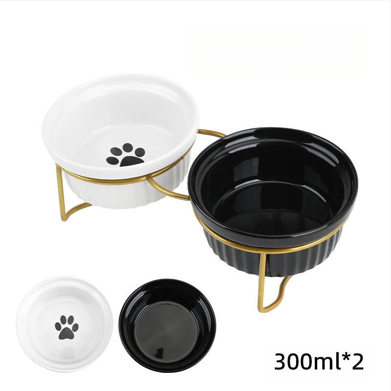 Keraamiline kassikauss, kõrge jala kaelakaitse, topeltkausi kinnitusraam, ümberminekuvastane, lemmikloomade kasside ja koerte toidukauss, kallutatav veekauss, lemmikloomatarbed