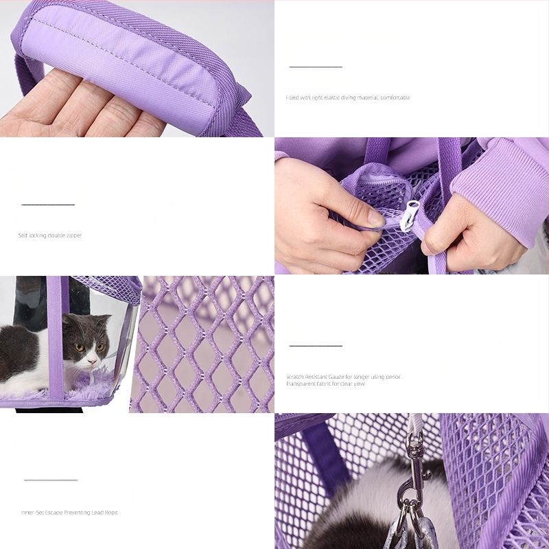Kisállat válltáska, négyoldalas, lélegző hálós, kényelmes macskatáska, beépített biztonsági kötéllel, menekülő macskatáska