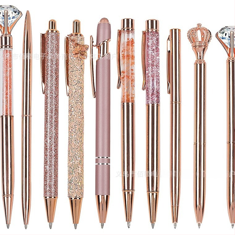 10 darabos strasszos golyóstoll készlet vicces toll rozéarany rózsaszín lila zöld lányos kerek gyöngyök