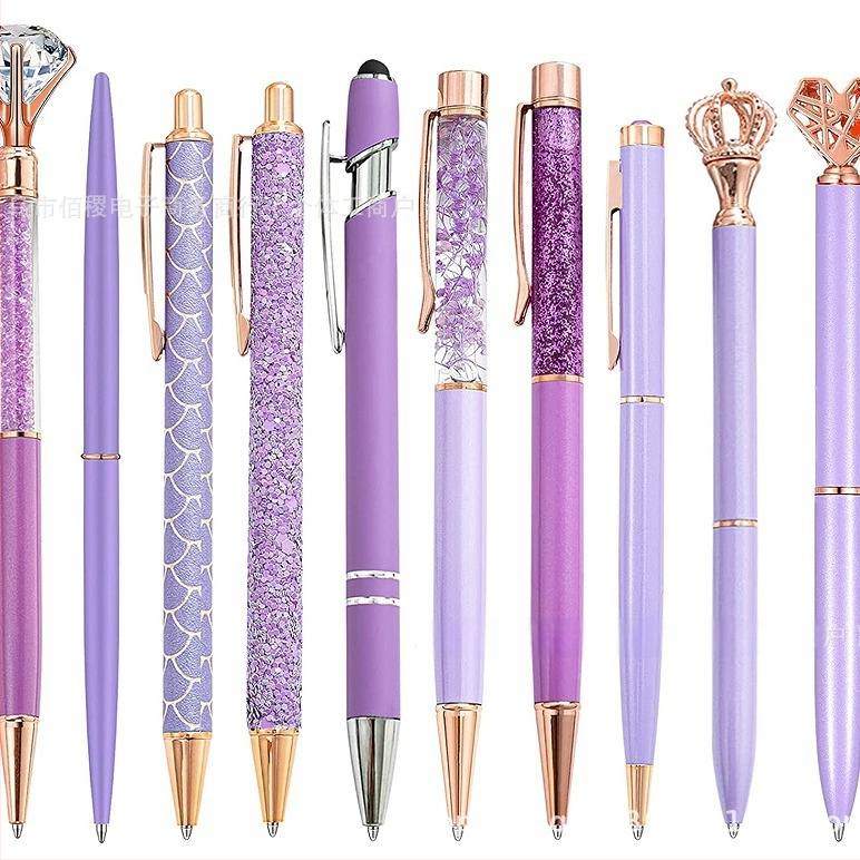 10 darabos strasszos golyóstoll készlet vicces toll rozéarany rózsaszín lila zöld lányos kerek gyöngyök