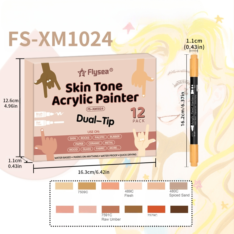 Tarpvalstybinis odos spalvos akrilinis kostiumas 12 nagų grafiti odos dažytas minkšta galvute „pasidaryk pats“ stiklinis dvigalvis žymeklis