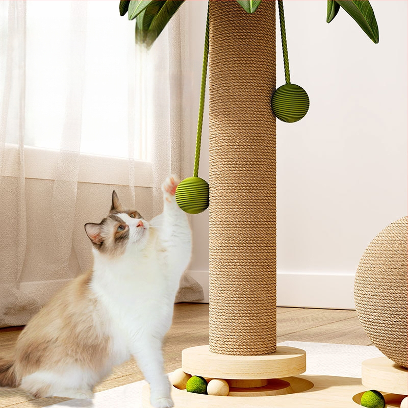 Vasarinė kokoso medžio sala, katėms skirta laipiojimo lentyna, tvirta mediena, stora kanapių virvė, didelis daugiasluoksnis katės lizdas, integruotas atlošiamas hamakas, katės draskymo kolonėlė