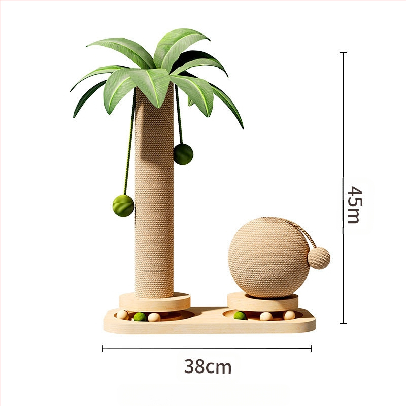 Vasarinė kokoso medžio sala, katėms skirta laipiojimo lentyna, tvirta mediena, stora kanapių virvė, didelis daugiasluoksnis katės lizdas, integruotas atlošiamas hamakas, katės draskymo kolonėlė