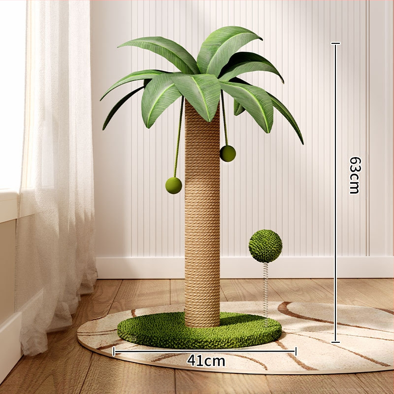 Vasarinė kokoso medžio sala, katėms skirta laipiojimo lentyna, tvirta mediena, stora kanapių virvė, didelis daugiasluoksnis katės lizdas, integruotas atlošiamas hamakas, katės draskymo kolonėlė