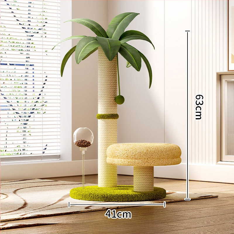 Vasarinė kokoso medžio sala, katėms skirta laipiojimo lentyna, tvirta mediena, stora kanapių virvė, didelis daugiasluoksnis katės lizdas, integruotas atlošiamas hamakas, katės draskymo kolonėlė