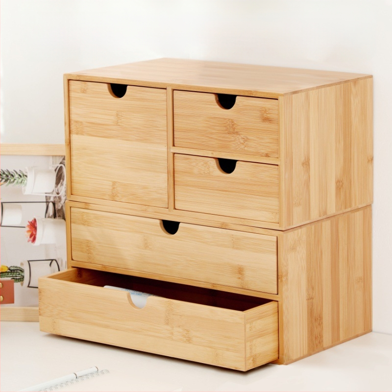 Bambusz asztali fiókos tárolódoboz, kozmetikai komód, éjjeliszekrény, íróasztal, egyszerű, többrétegű tárolóállvány, fa