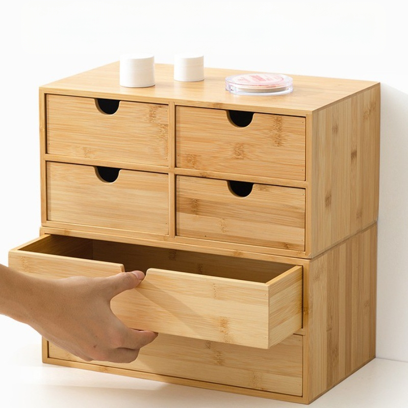 Bambusz asztali fiókos tárolódoboz, kozmetikai komód, éjjeliszekrény, íróasztal, egyszerű, többrétegű tárolóállvány, fa