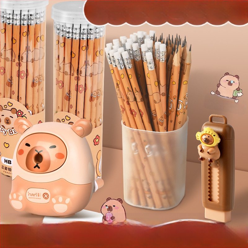 Pieštukas „Kapibala“ pradinės mokyklos mokiniams, rašantiems HB, mielas animacinis filmas su trintuku