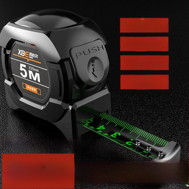 Juodos technologijos fluorescencinė liniuotė su importuota matavimo juosta 5 metrai praplatinta 7,5 metro 10 metrų storio atspari dilimui dėžutės liniuotė, didelio tikslumo matuoklis