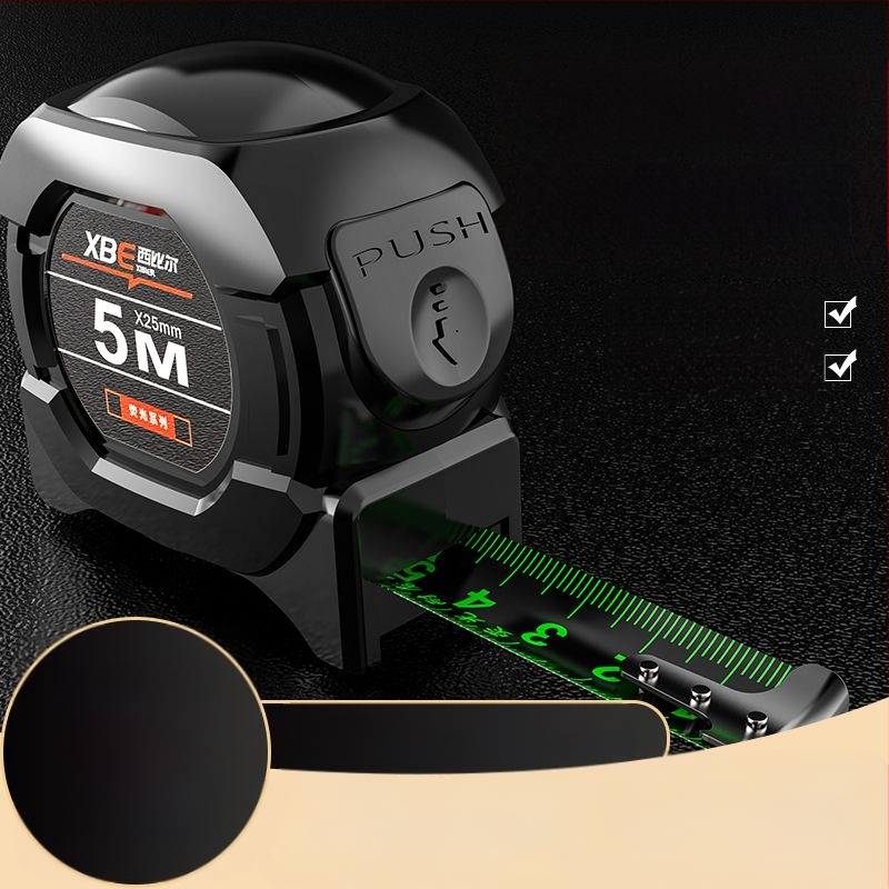 Juodos technologijos fluorescencinė liniuotė su importuota matavimo juosta 5 metrai praplatinta 7,5 metro 10 metrų storio atspari dilimui dėžutės liniuotė, didelio tikslumo matuoklis