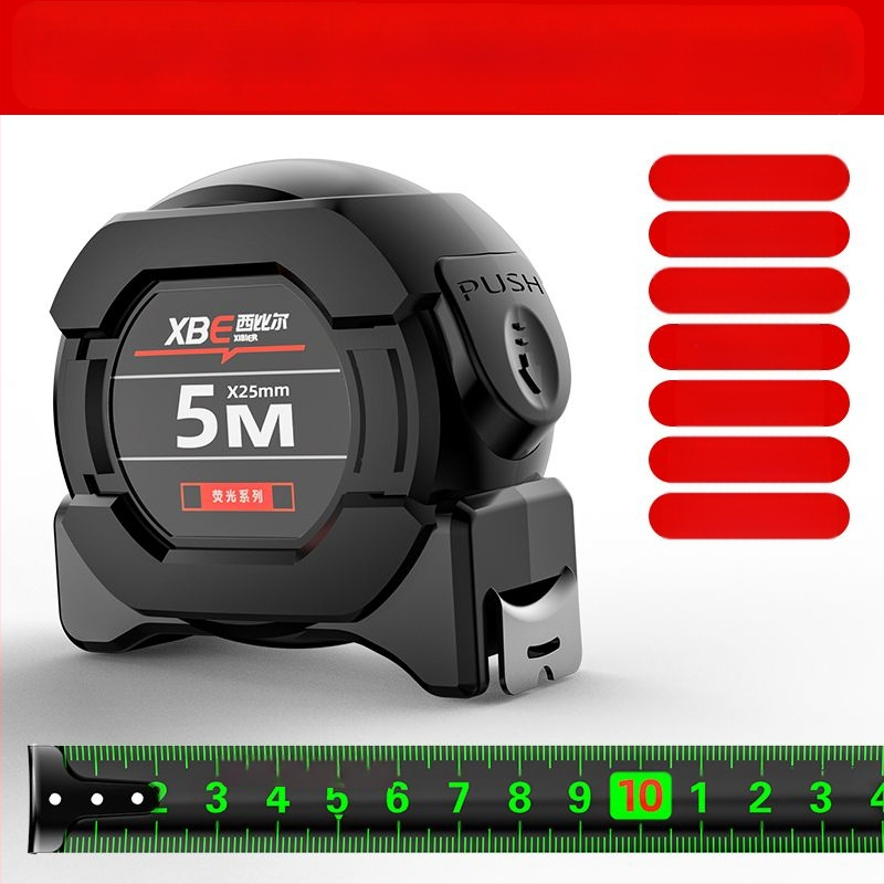 Juodos technologijos fluorescencinė liniuotė su importuota matavimo juosta 5 metrai praplatinta 7,5 metro 10 metrų storio atspari dilimui dėžutės liniuotė, didelio tikslumo matuoklis