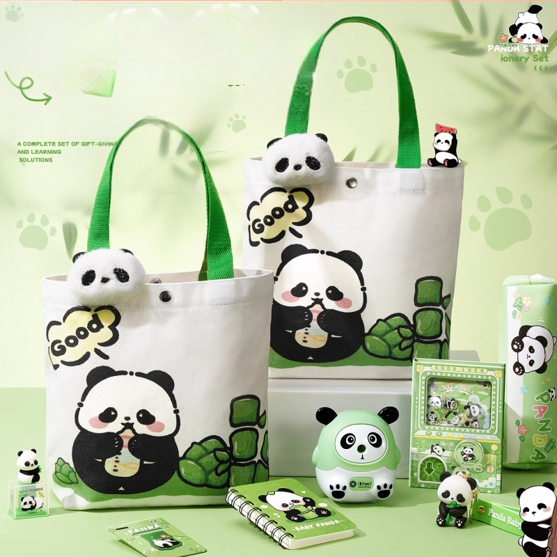 Armas panda-teemaline lõuendikott kirjatarvete komplekt, praktiline koolikingitus algkooliõpilastele, uhke lasteaia suveniirkingitus