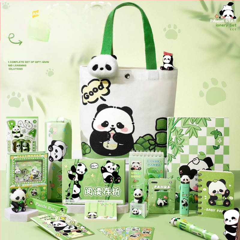 Armas panda-teemaline lõuendikott kirjatarvete komplekt, praktiline koolikingitus algkooliõpilastele, uhke lasteaia suveniirkingitus