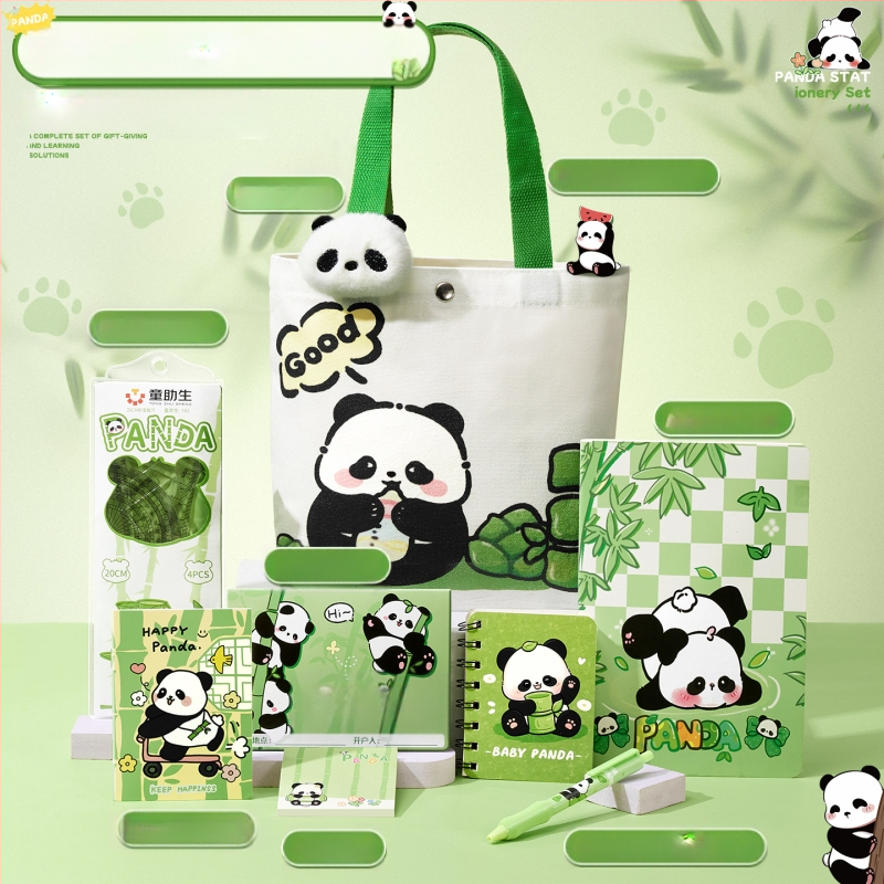 Armas panda-teemaline lõuendikott kirjatarvete komplekt, praktiline koolikingitus algkooliõpilastele, uhke lasteaia suveniirkingitus