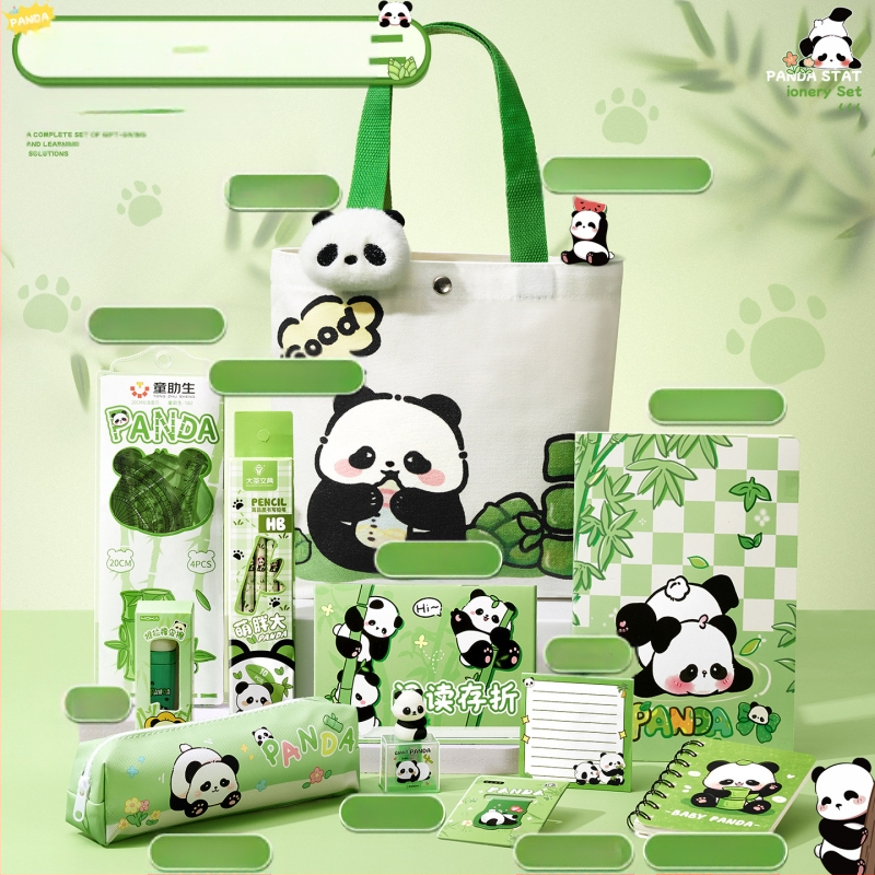Armas panda-teemaline lõuendikott kirjatarvete komplekt, praktiline koolikingitus algkooliõpilastele, uhke lasteaia suveniirkingitus