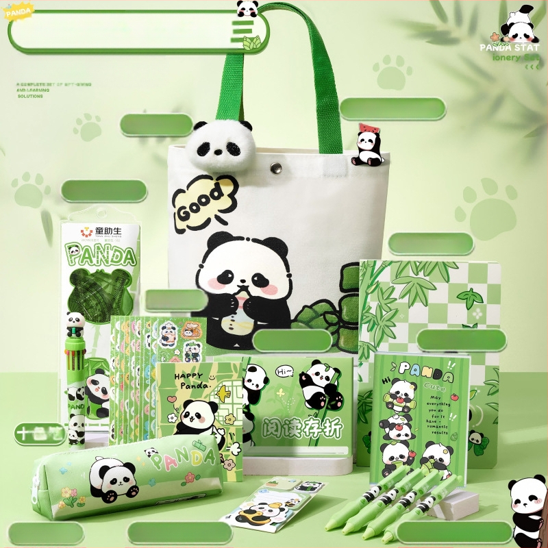 Armas panda-teemaline lõuendikott kirjatarvete komplekt, praktiline koolikingitus algkooliõpilastele, uhke lasteaia suveniirkingitus