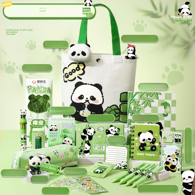 Armas panda-teemaline lõuendikott kirjatarvete komplekt, praktiline koolikingitus algkooliõpilastele, uhke lasteaia suveniirkingitus
