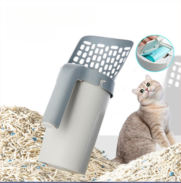 Naujas kačių kraiko kastuvas, plastikinis kačių išmatų kastuvas su šiukšlių maišu, skirtas lengvam kačių išmatų valymui, patogus „viskas viename“ kačių kraiko kastuvas