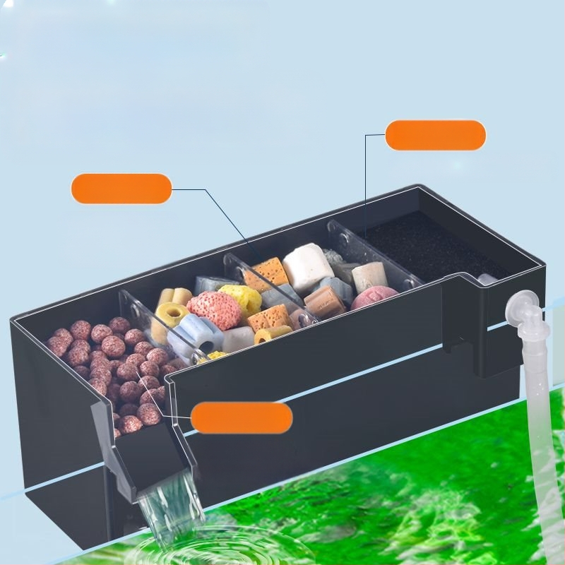Maza zivju tvertnes filtra ūdens attīrīšanas cikls trīs vienā klusināts ārējais sienas attīrīšanas filtra kaste pilienveida kaste skābekļa padeve